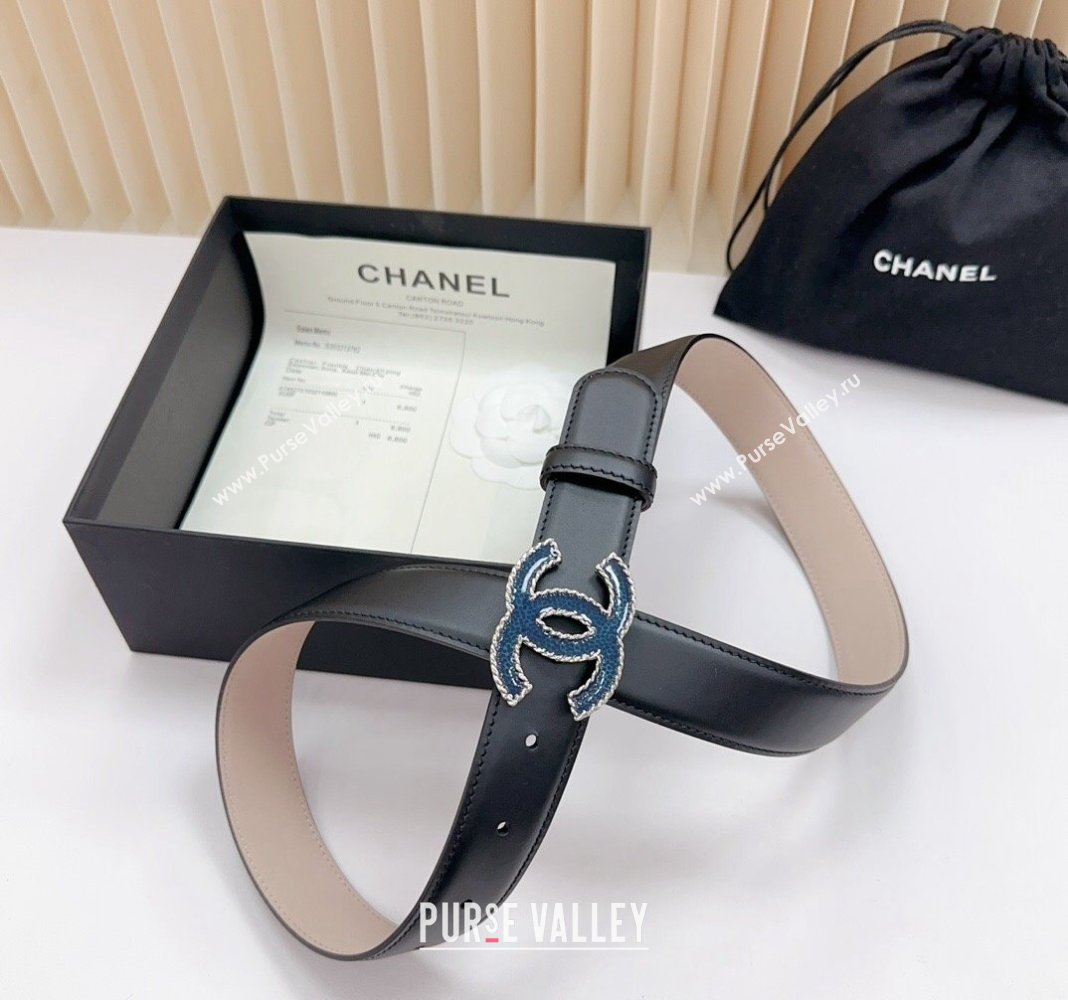 Chanel Belt 3cm with Blue CC Buckle in Calfskin Black/Beige 2024 0617 (99-240617022)