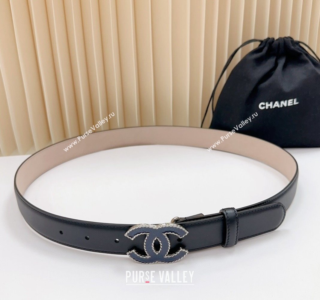 Chanel Belt 3cm with Blue CC Buckle in Calfskin Black/Beige 2024 0617 (99-240617022)