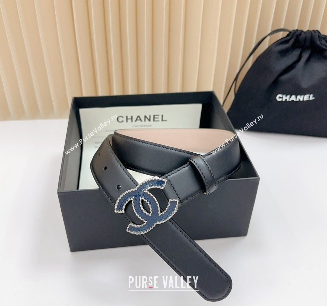 Chanel Belt 3cm with Blue CC Buckle in Calfskin Black/Beige 2024 0617 (99-240617022)