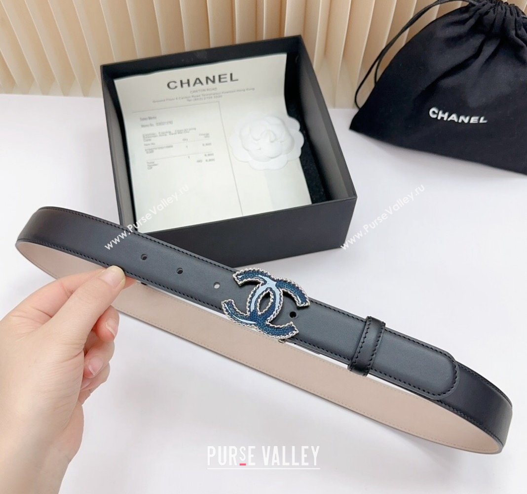 Chanel Belt 3cm with Blue CC Buckle in Calfskin Black/Beige 2024 0617 (99-240617022)