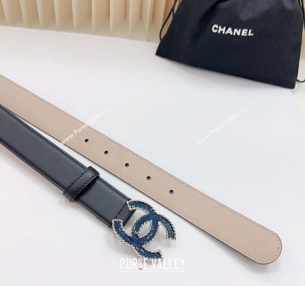 Chanel Belt 3cm with Blue CC Buckle in Calfskin Black/Beige 2024 0617 (99-240617022)