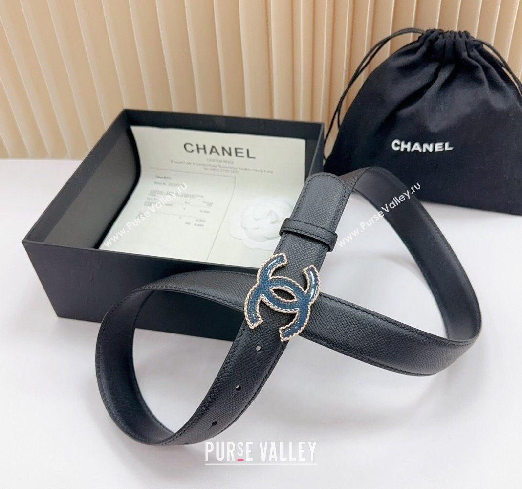 Chanel Belt 3cm with Blue CC Buckle in Saffiano Calfskin Black 2024 0617 (99-240617023)