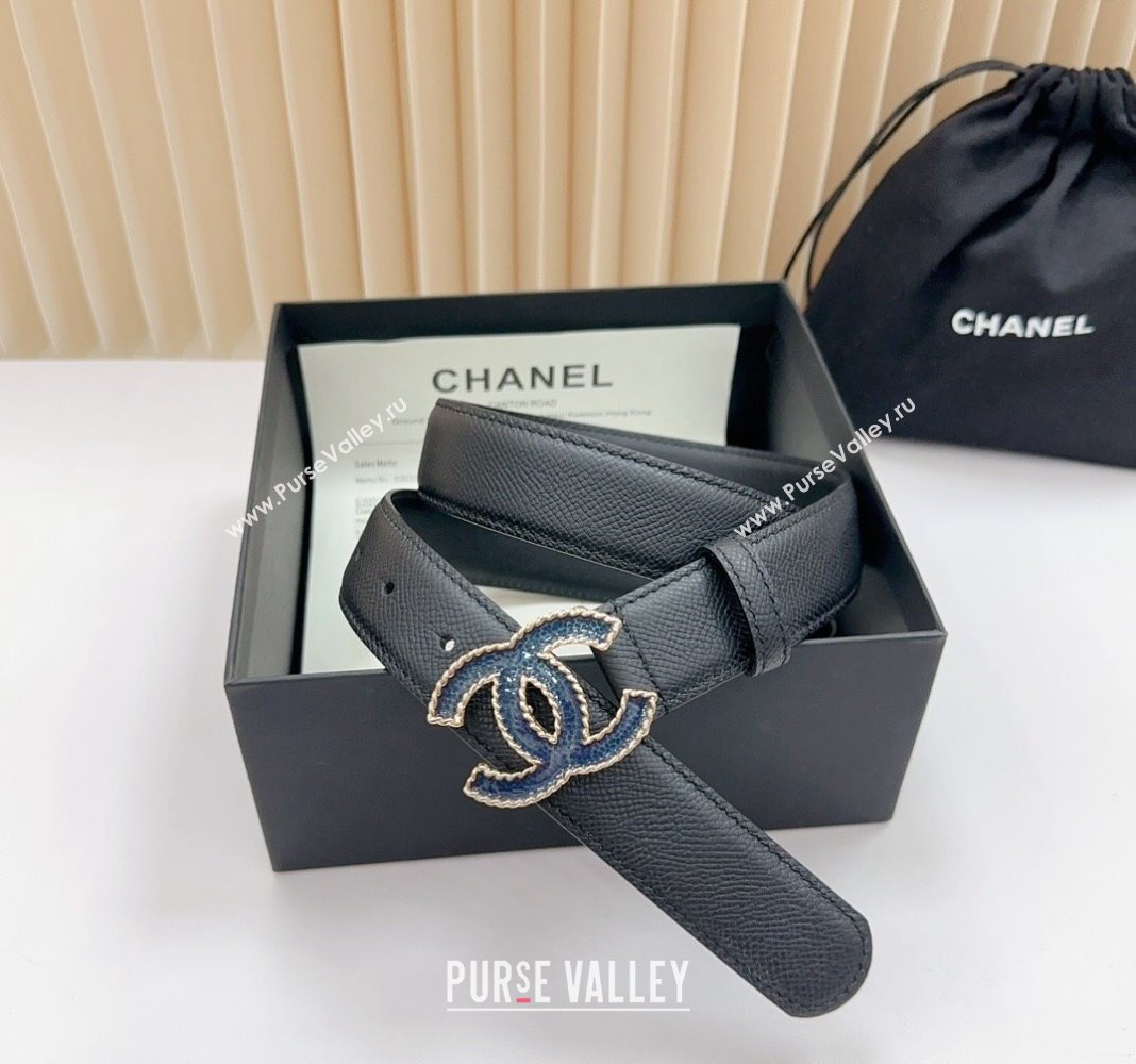 Chanel Belt 3cm with Blue CC Buckle in Saffiano Calfskin Black 2024 0617 (99-240617023)