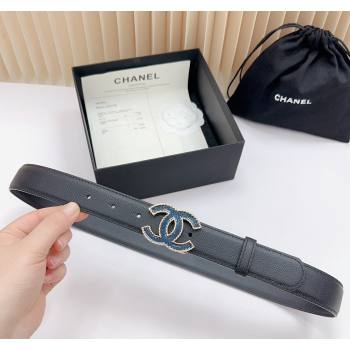 Chanel Belt 3cm with Blue CC Buckle in Saffiano Calfskin Black 2024 0617 (99-240617023)