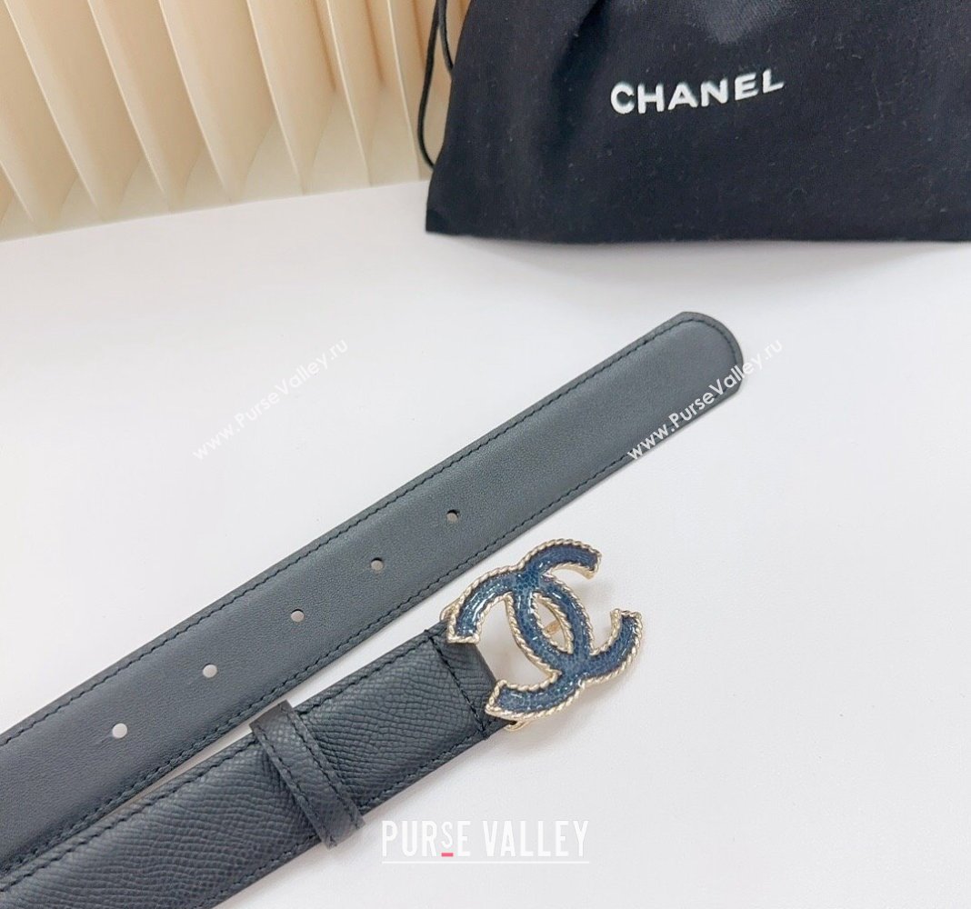 Chanel Belt 3cm with Blue CC Buckle in Saffiano Calfskin Black 2024 0617 (99-240617023)