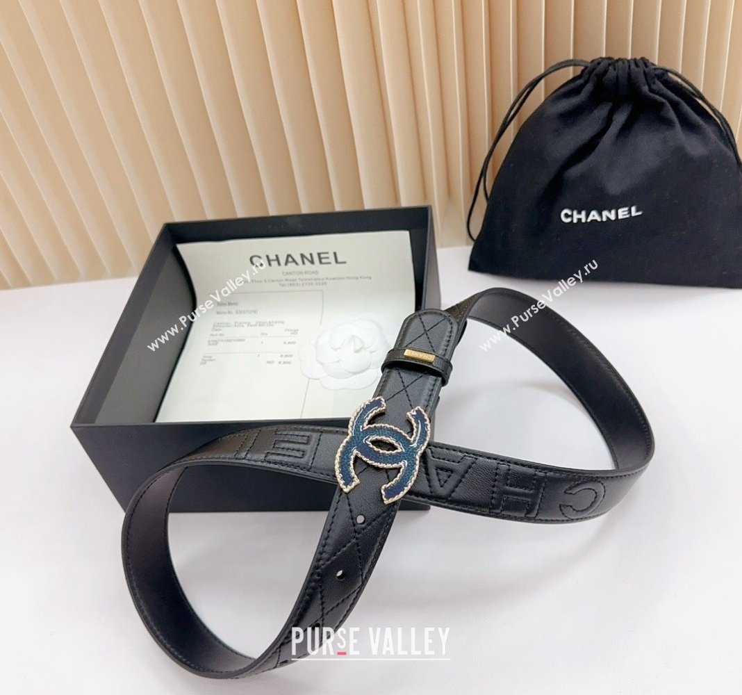 Chanel Belt 3cm with Blue CC Buckle in Quilted Calfskin Black 2024 0617 (99-240617025)