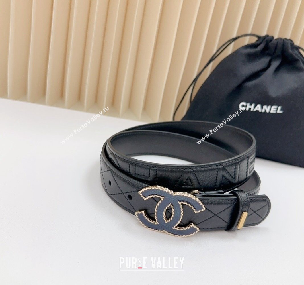 Chanel Belt 3cm with Blue CC Buckle in Quilted Calfskin Black 2024 0617 (99-240617025)