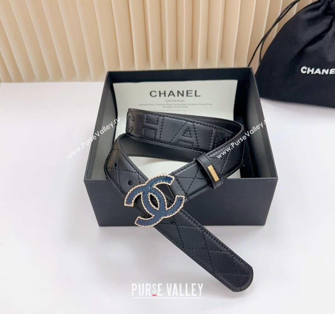 Chanel Belt 3cm with Blue CC Buckle in Quilted Calfskin Black 2024 0617 (99-240617025)