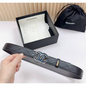 Chanel Belt 3cm with Blue CC Buckle in Quilted Calfskin Black 2024 0617 (99-240617025)