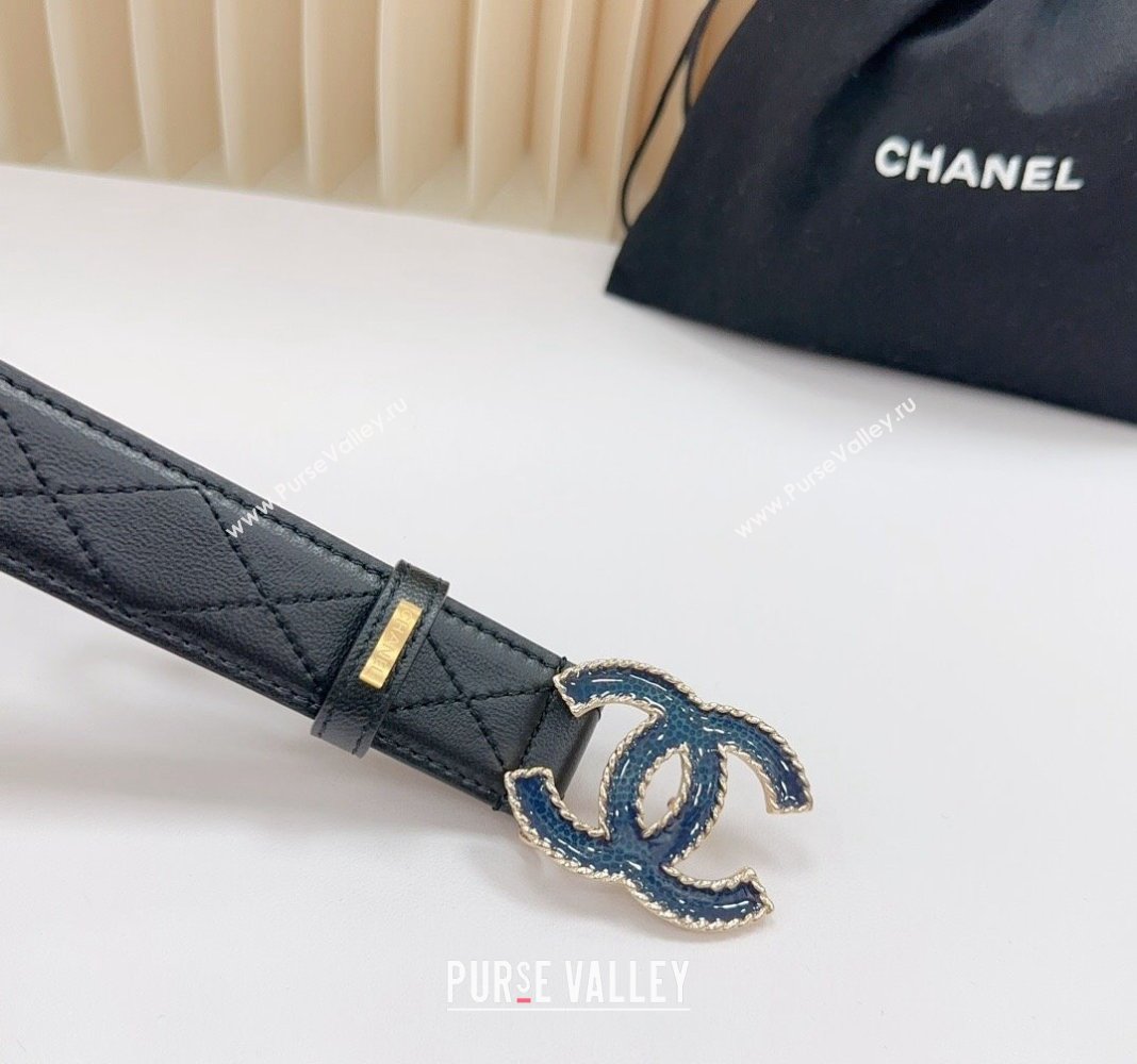 Chanel Belt 3cm with Blue CC Buckle in Quilted Calfskin Black 2024 0617 (99-240617025)