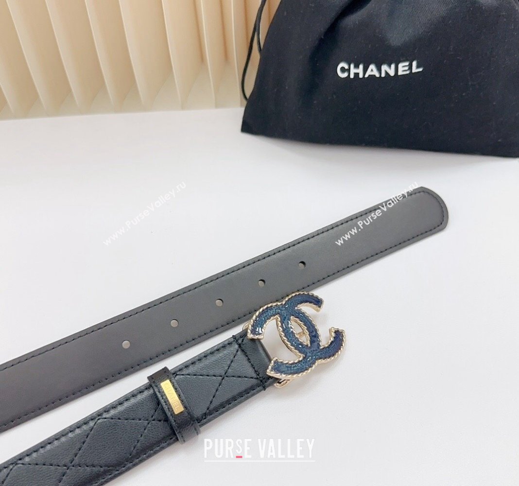 Chanel Belt 3cm with Blue CC Buckle in Quilted Calfskin Black 2024 0617 (99-240617025)