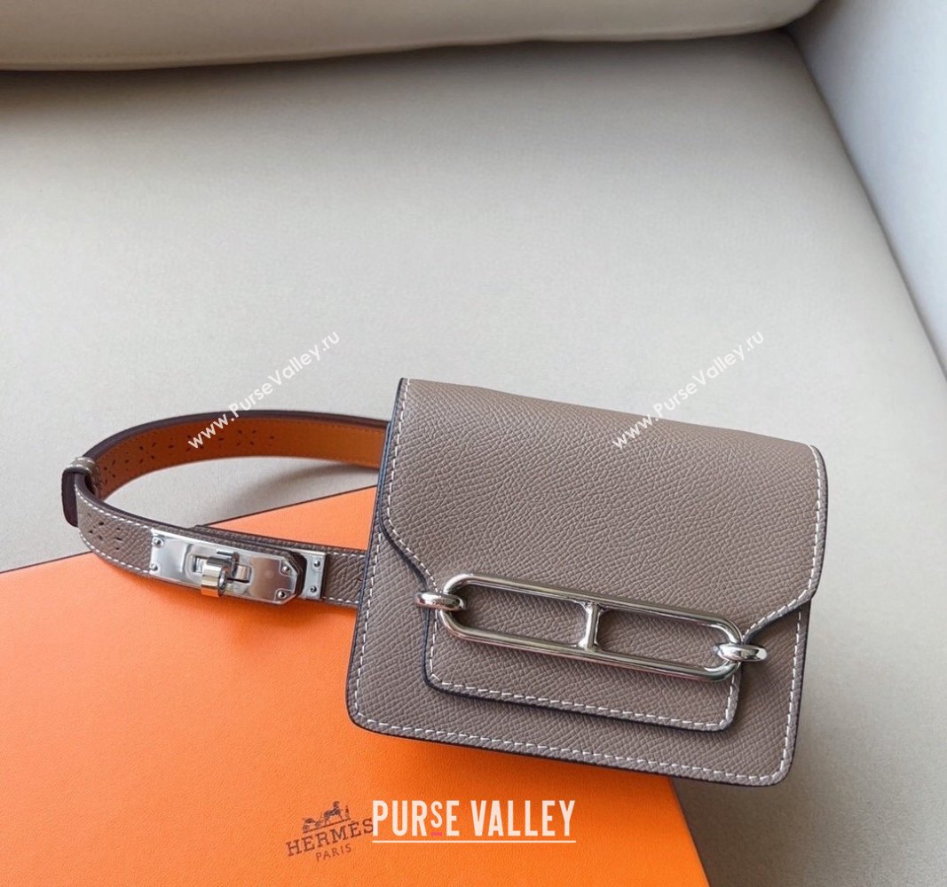 Hermes Roulis Slim Hop Pouch Belt in Grained Calfskin with Perforated Pattern Grey 2024 (99-240706010)