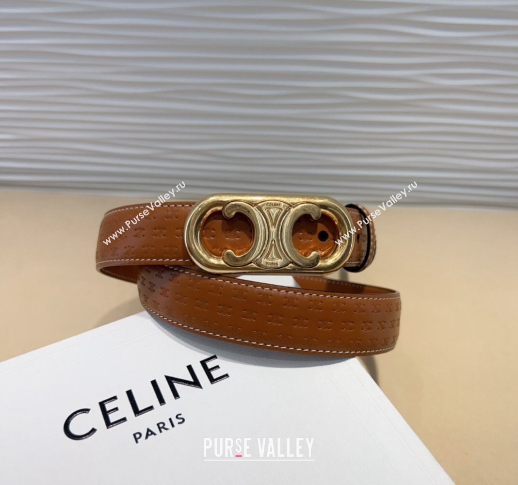 Celine Triomphe Embossed Leather Belt 2.5cm Brown/Gold 2024 070802 (99-240708113)