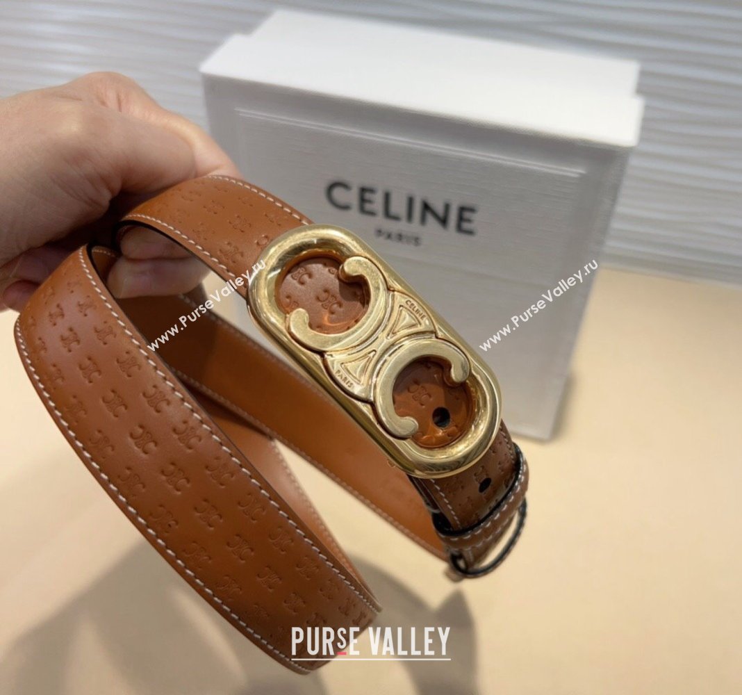 Celine Triomphe Embossed Leather Belt 2.5cm Brown/Gold 2024 070802 (99-240708113)