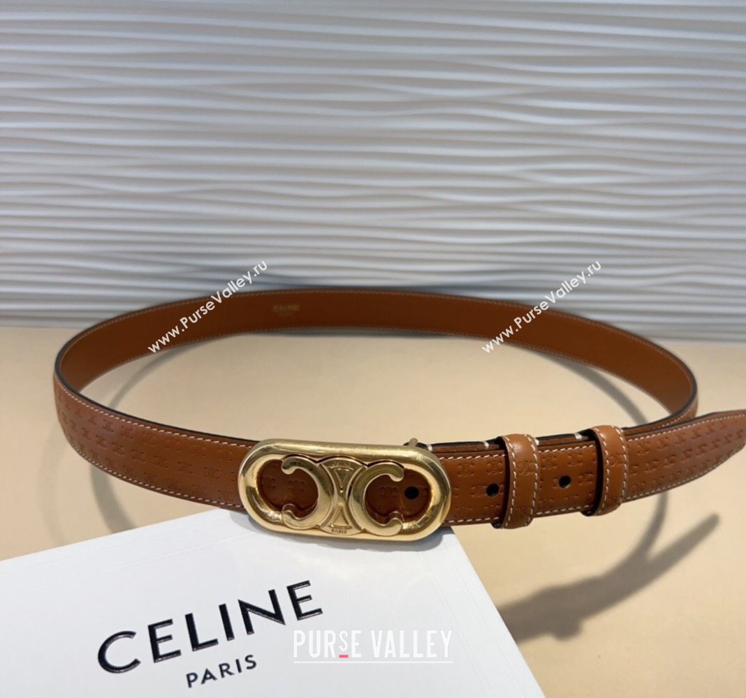 Celine Triomphe Embossed Leather Belt 2.5cm Brown/Gold 2024 070802 (99-240708113)