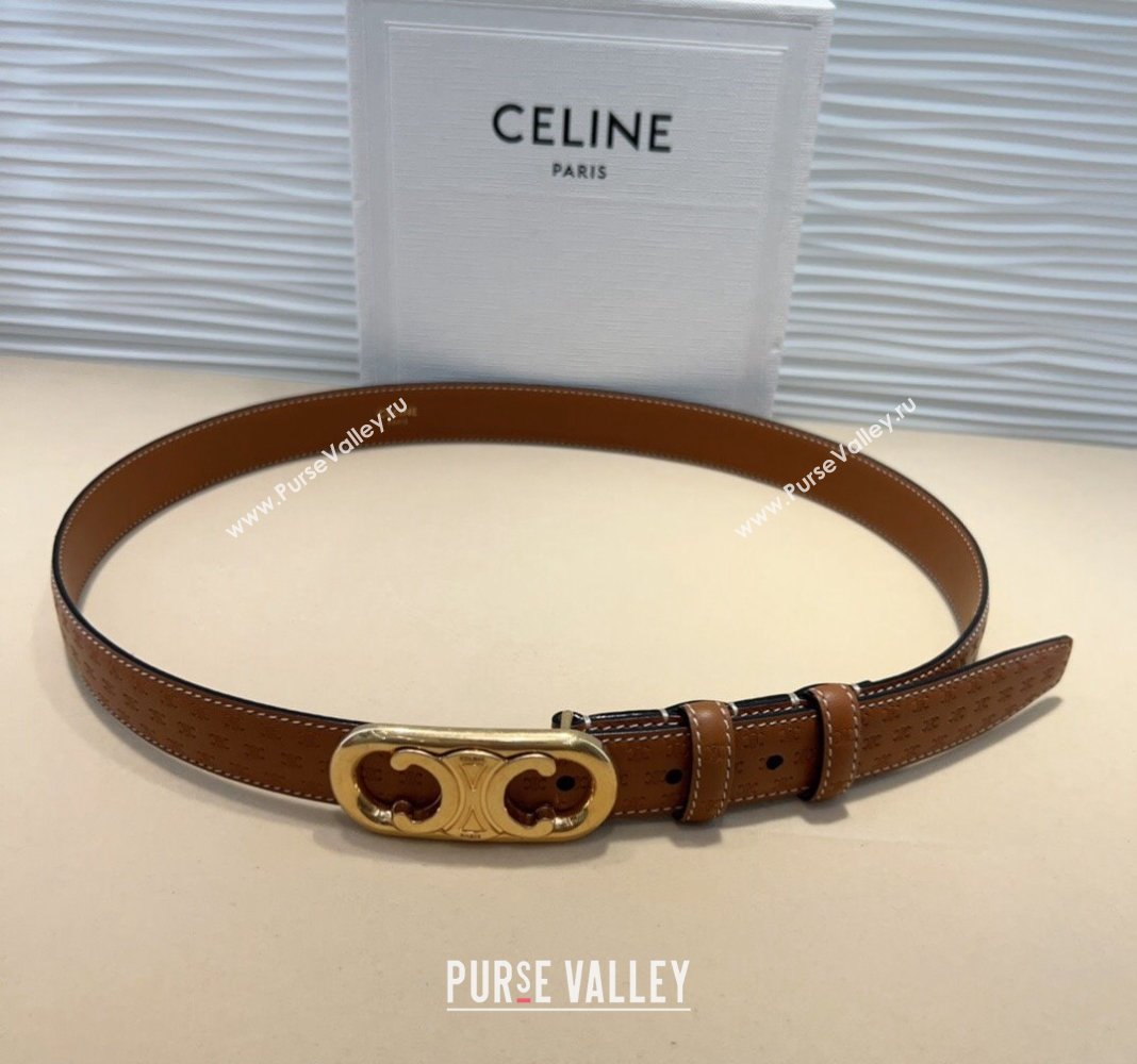 Celine Triomphe Embossed Leather Belt 2.5cm Brown/Gold 2024 070802 (99-240708113)