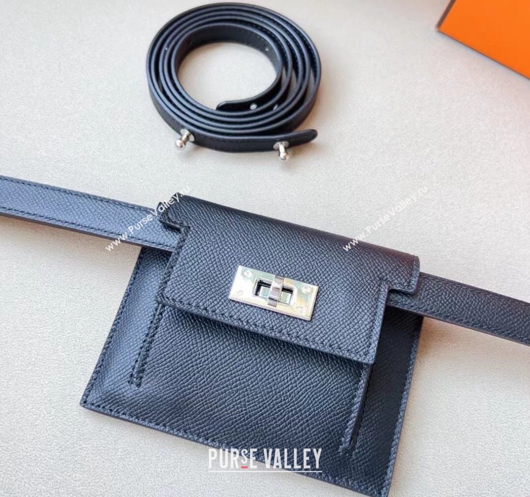 Hermes Kelly Pocket Trap Pouch Belt in Grianed Calfskin Black 2024 0708 (99-240708052)