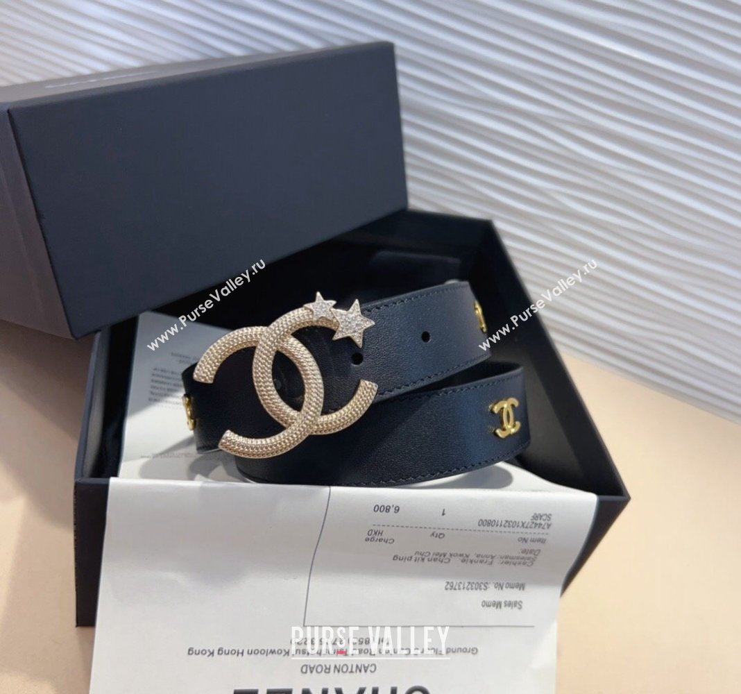 Chanel Classic Calfskin Belt 3cm with Star Strass CC Black 2 2024 070802 (99-240708062)