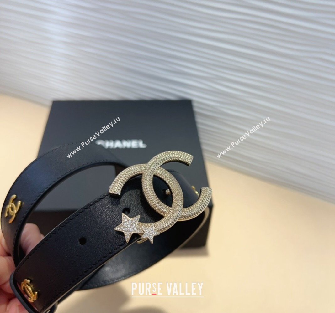 Chanel Classic Calfskin Belt 3cm with Star Strass CC Black 2 2024 070802 (99-240708062)