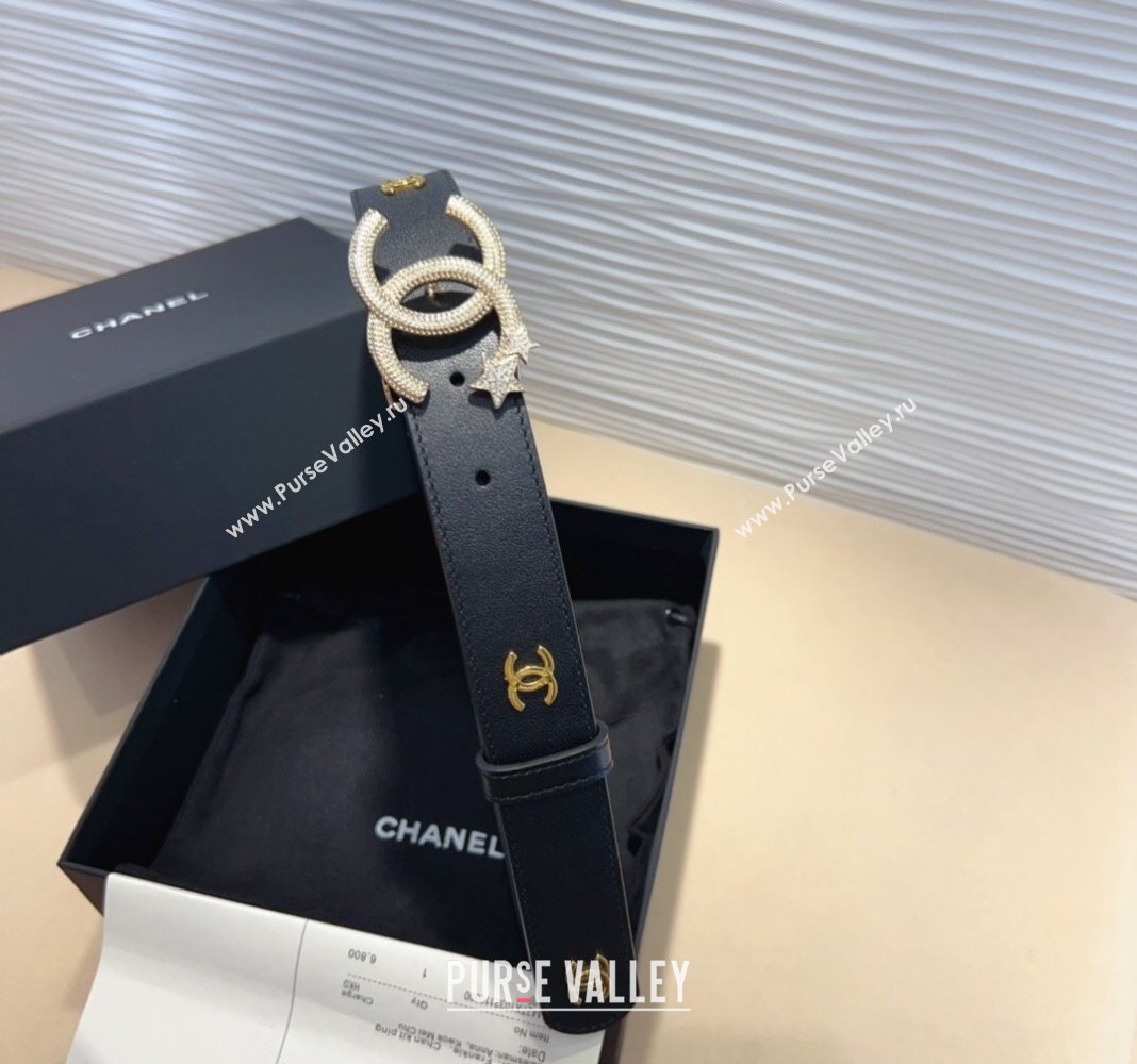 Chanel Classic Calfskin Belt 3cm with Star Strass CC Black 2 2024 070802 (99-240708062)