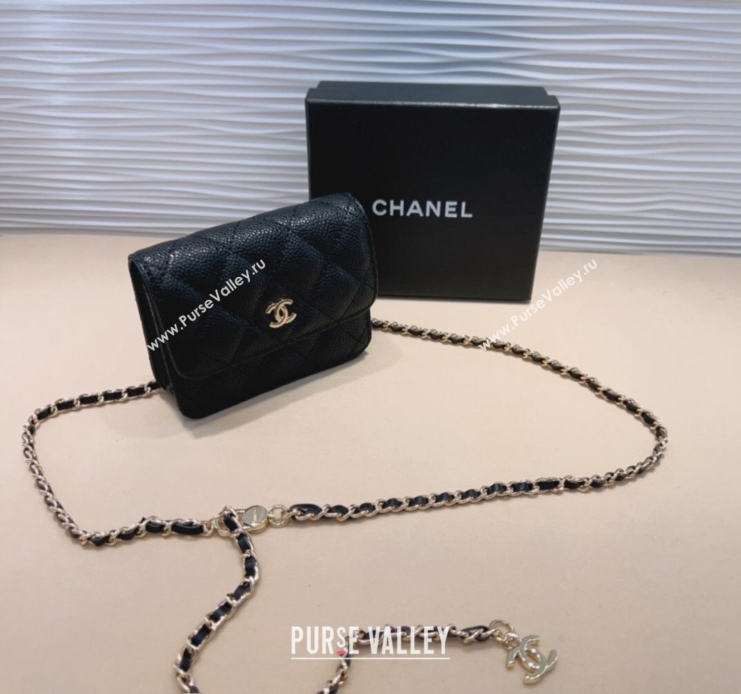 Chanel Grained Calfskin Chain Mini Belt Bag Black 2024 0708 (99-240708010)