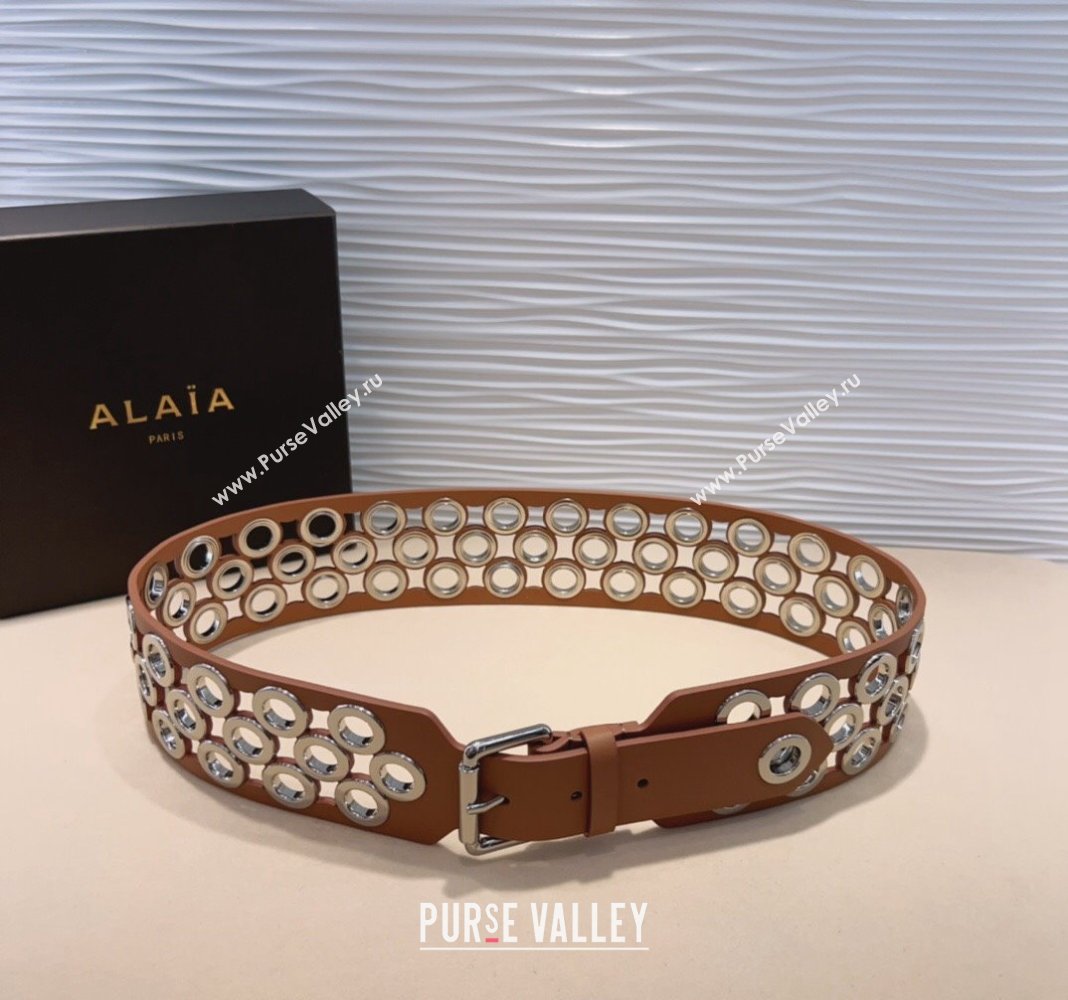 Alaia Vienne Soft leather waist belt 6.5cm with Eyelet Brown 2024 0706 (99-240706018)