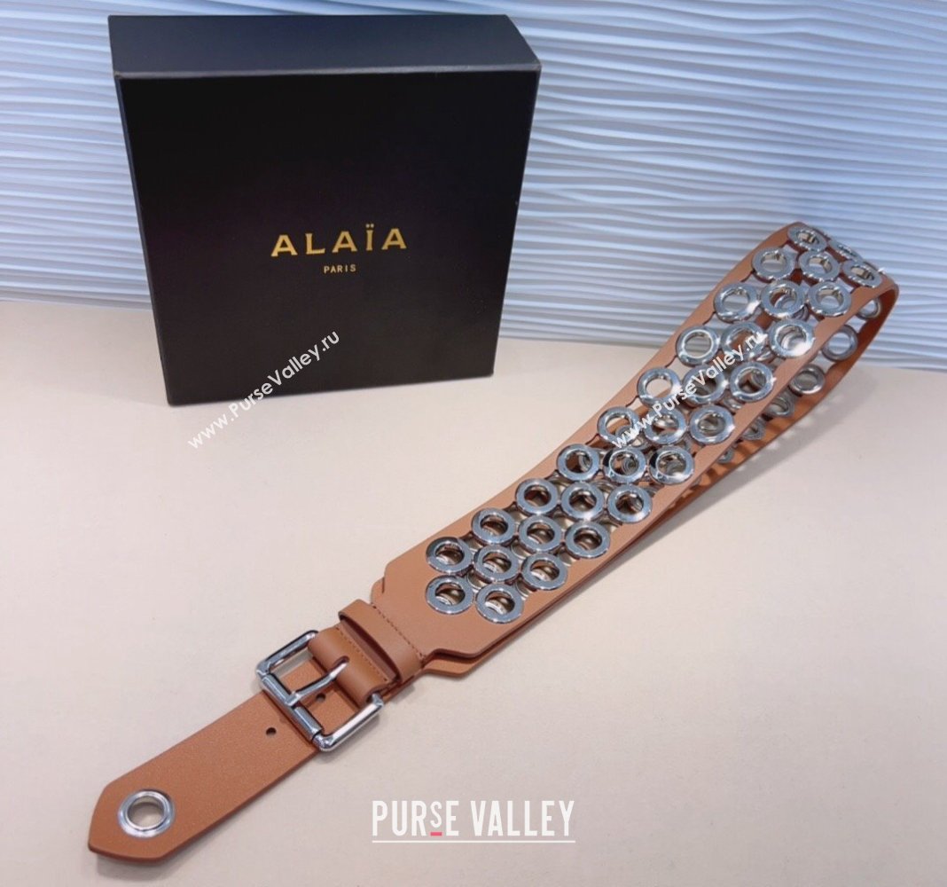 Alaia Vienne Soft leather waist belt 6.5cm with Eyelet Brown 2024 0706 (99-240706018)