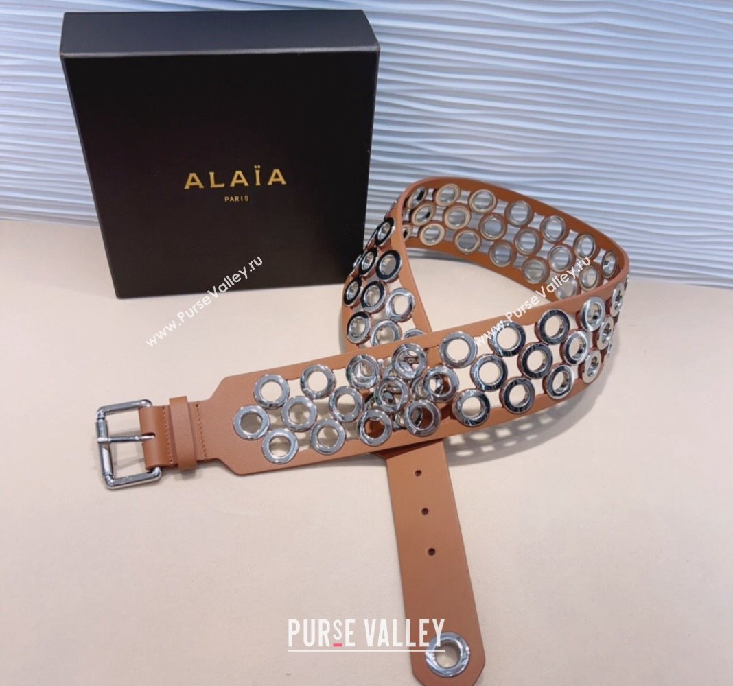 Alaia Vienne Soft leather waist belt 6.5cm with Eyelet Brown 2024 0706 (99-240706018)