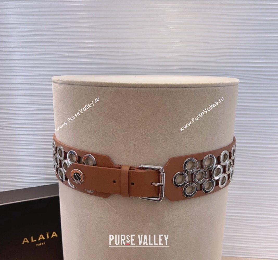 Alaia Vienne Soft leather waist belt 6.5cm with Eyelet Brown 2024 0706 (99-240706018)