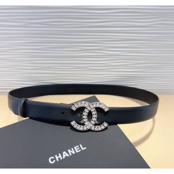 Chanel Calfskin Leather Belt 3cm with Strass CC Black/Silver 2024 070803 (99-240708080)