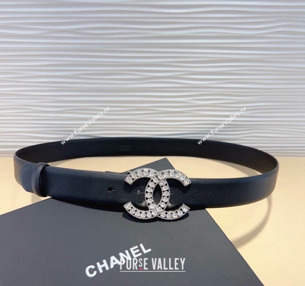 Chanel Calfskin Leather Belt 3cm with Strass CC Black/Silver 2024 070803 (99-240708080)