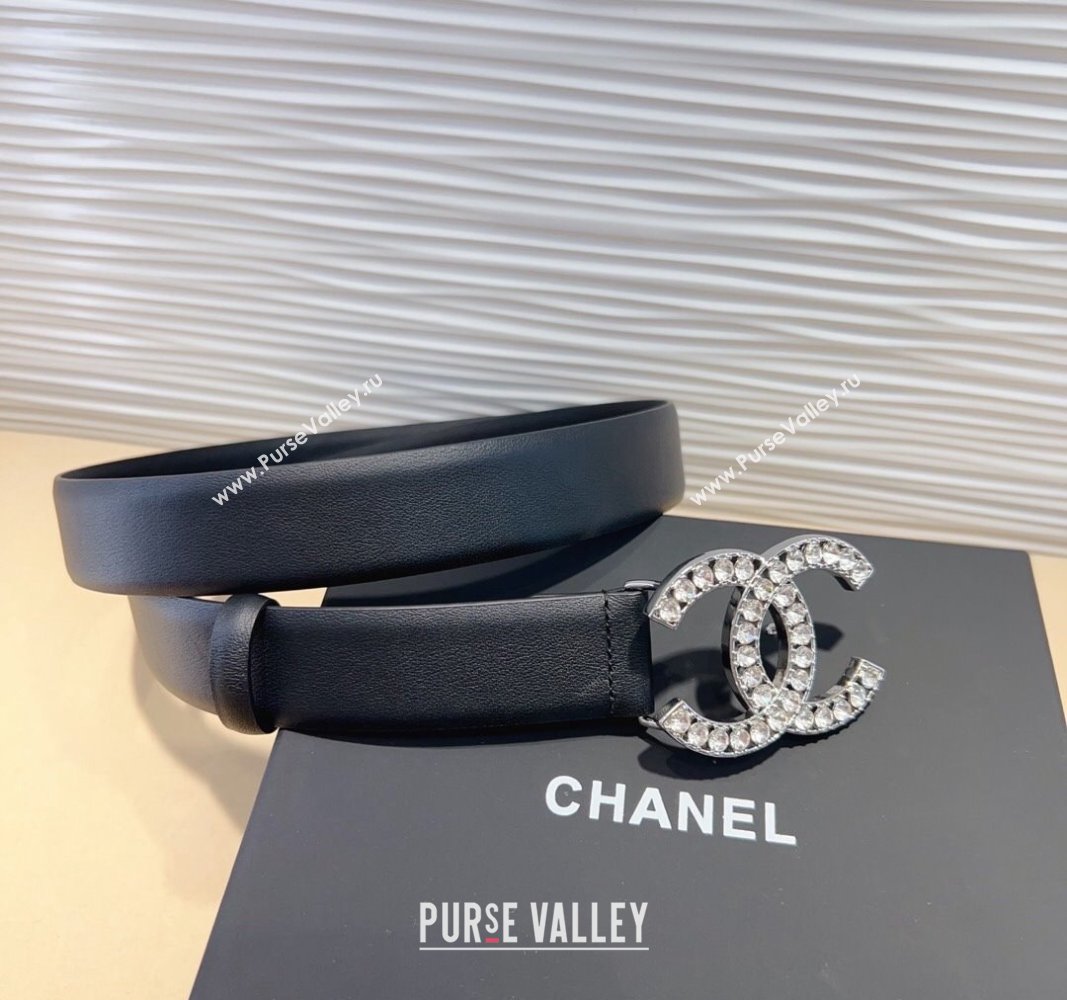 Chanel Calfskin Leather Belt 3cm with Strass CC Black/Silver 2024 070803 (99-240708080)