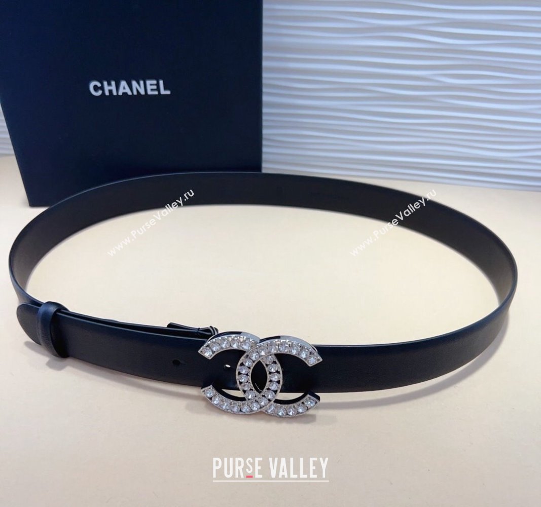 Chanel Calfskin Leather Belt 3cm with Strass CC Black/Silver 2024 070803 (99-240708080)