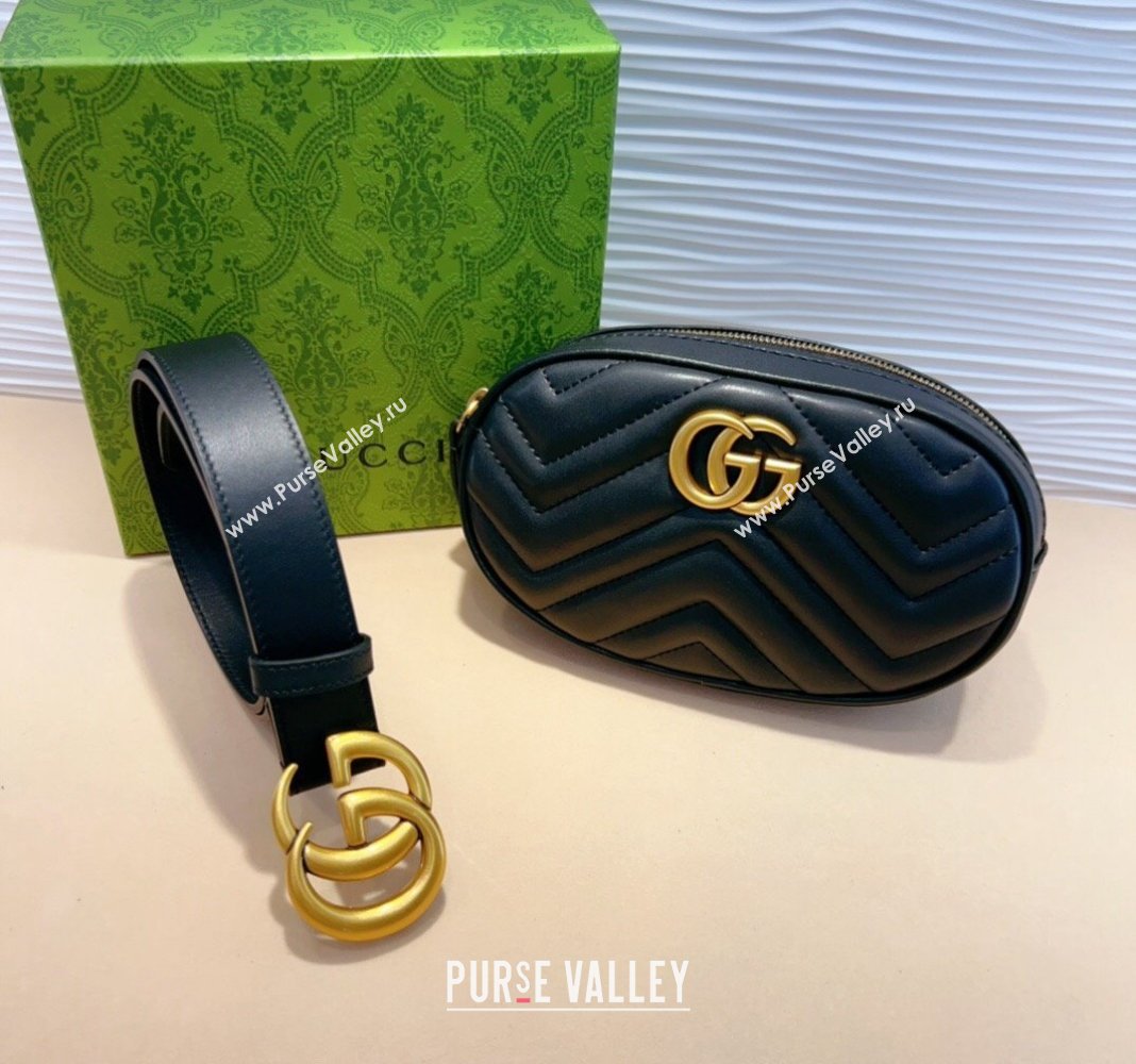 Gucci GG Marmont Chevron Leather Pouch Belt with GG Buckle Black 2024 0708 (99-240708013)