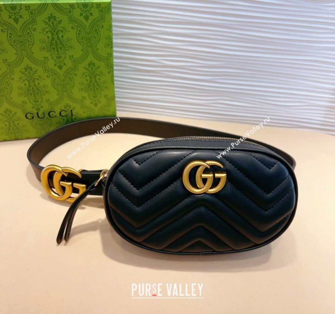 Gucci GG Marmont Chevron Leather Pouch Belt with GG Buckle Black 2024 0708 (99-240708013)