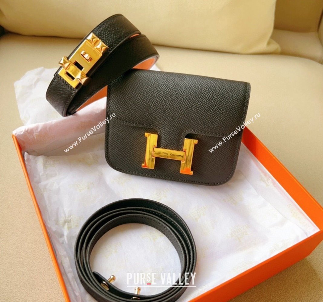 Hermes Constance Slim Pouch Belt in Grained Calfskin with Gold Hardware Black 2024 0706 (99-240706032)