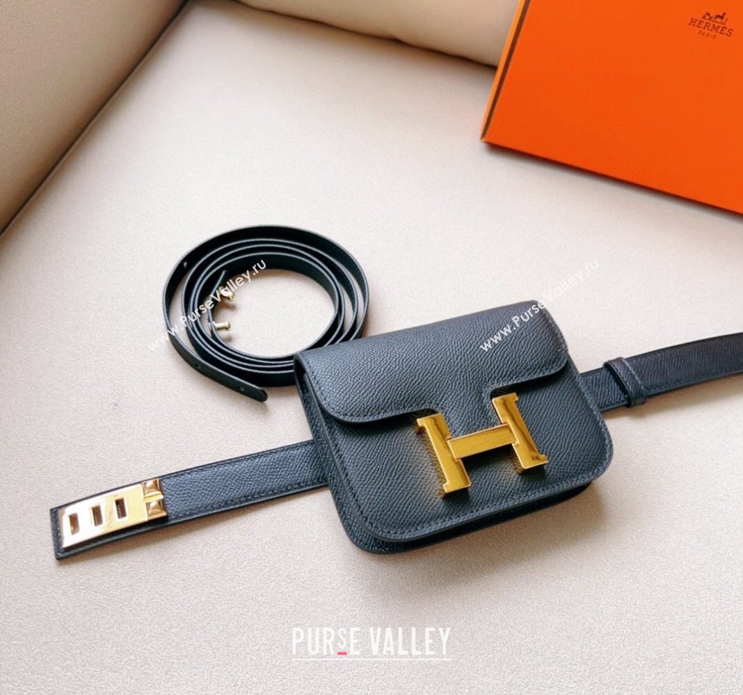 Hermes Constance Slim Pouch Belt in Grained Calfskin with Gold Hardware Black 2024 0706 (99-240706032)