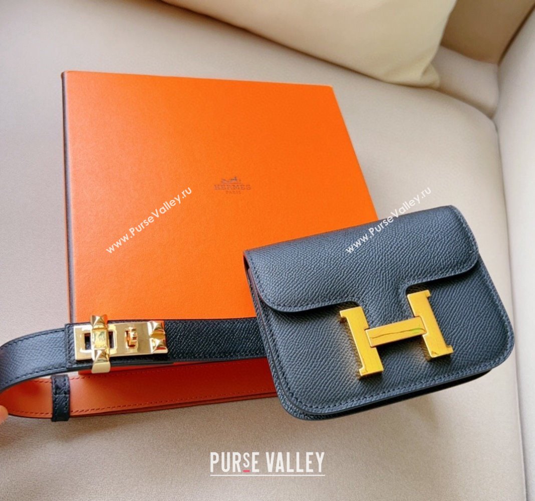 Hermes Constance Slim Pouch Belt in Grained Calfskin with Gold Hardware Black 2024 0706 (99-240706032)