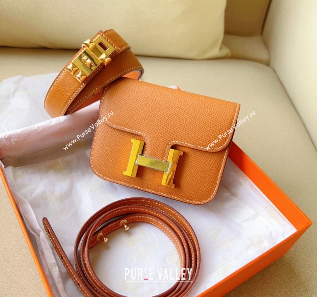 Hermes Constance Slim Pouch Belt in Grained Calfskin with Gold Hardware Brown 2024 0706 (99-240706033)