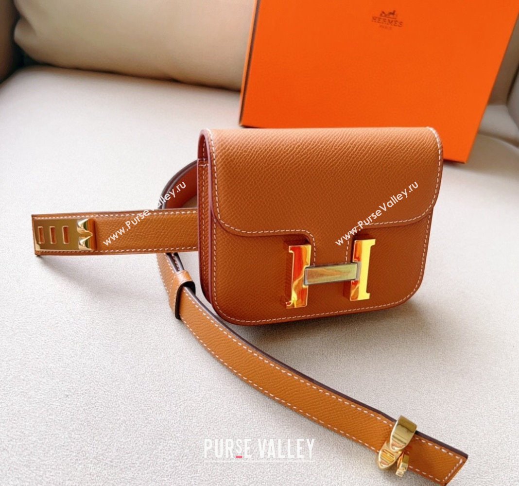 Hermes Constance Slim Pouch Belt in Grained Calfskin with Gold Hardware Brown 2024 0706 (99-240706033)