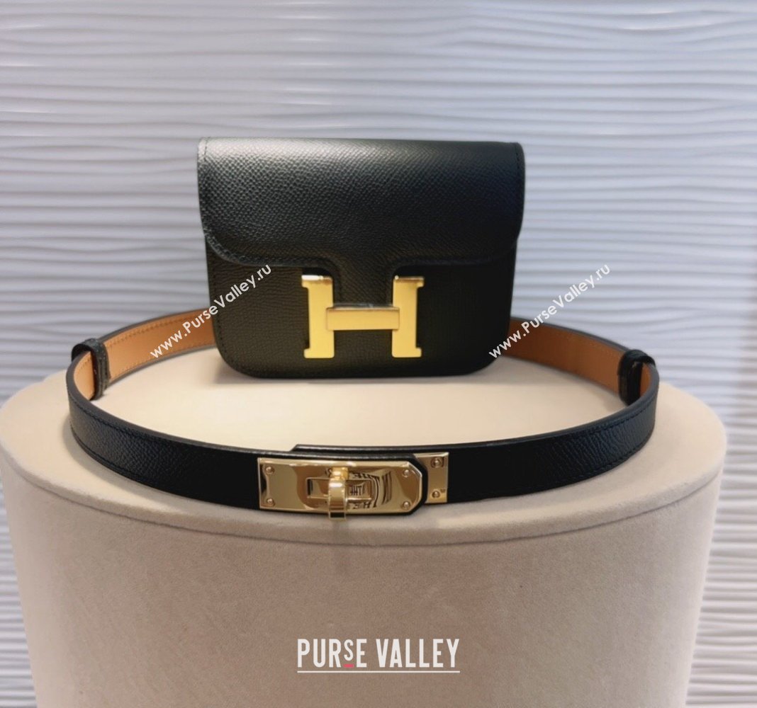 Hermes Kelly Buckle Pouch Belt in Grained Calfskin with Gold Hardware Black 2024 0706 (99-240706024)