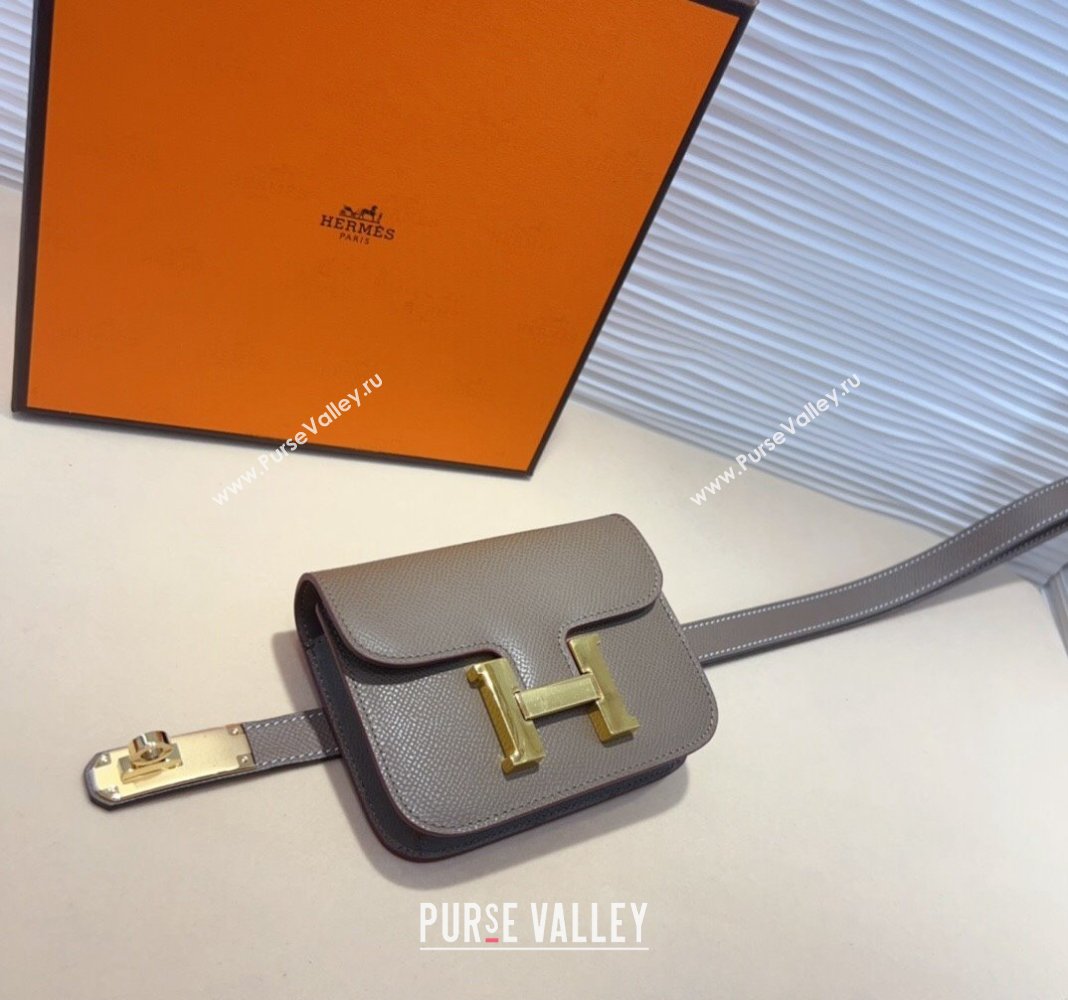 Hermes Kelly Buckle Pouch Belt in Grained Calfskin with Gold Hardware Grey 2024 0706 (99-240706025)