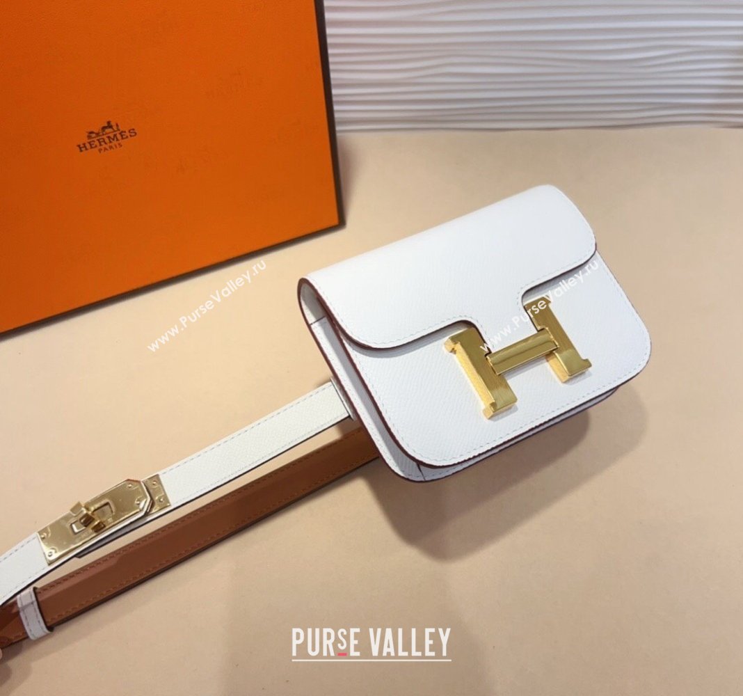 Hermes Kelly Buckle Pouch Belt in Grained Calfskin with Gold Hardware White 2024 0706 (99-240706026)