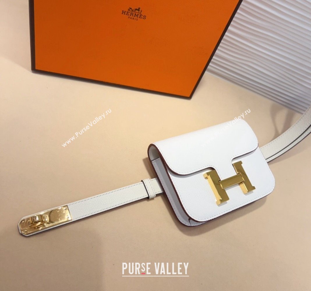 Hermes Kelly Buckle Pouch Belt in Grained Calfskin with Gold Hardware White 2024 0706 (99-240706026)