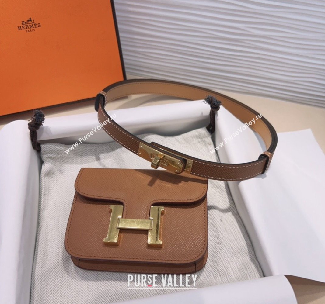 Hermes Kelly Buckle Pouch Belt in Grained Calfskin with Gold Hardware Brown 2024 0706 (99-240706027)