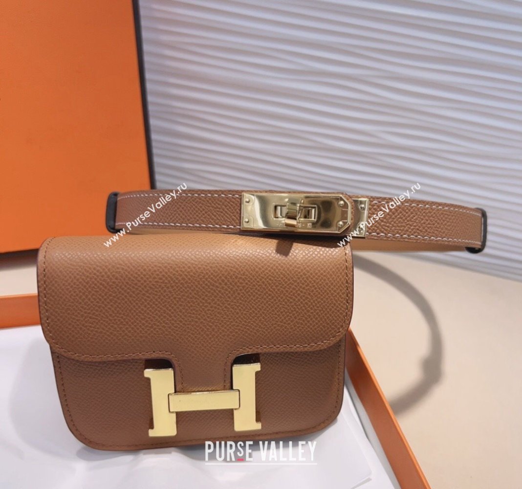 Hermes Kelly Buckle Pouch Belt in Grained Calfskin with Gold Hardware Brown 2024 0706 (99-240706027)