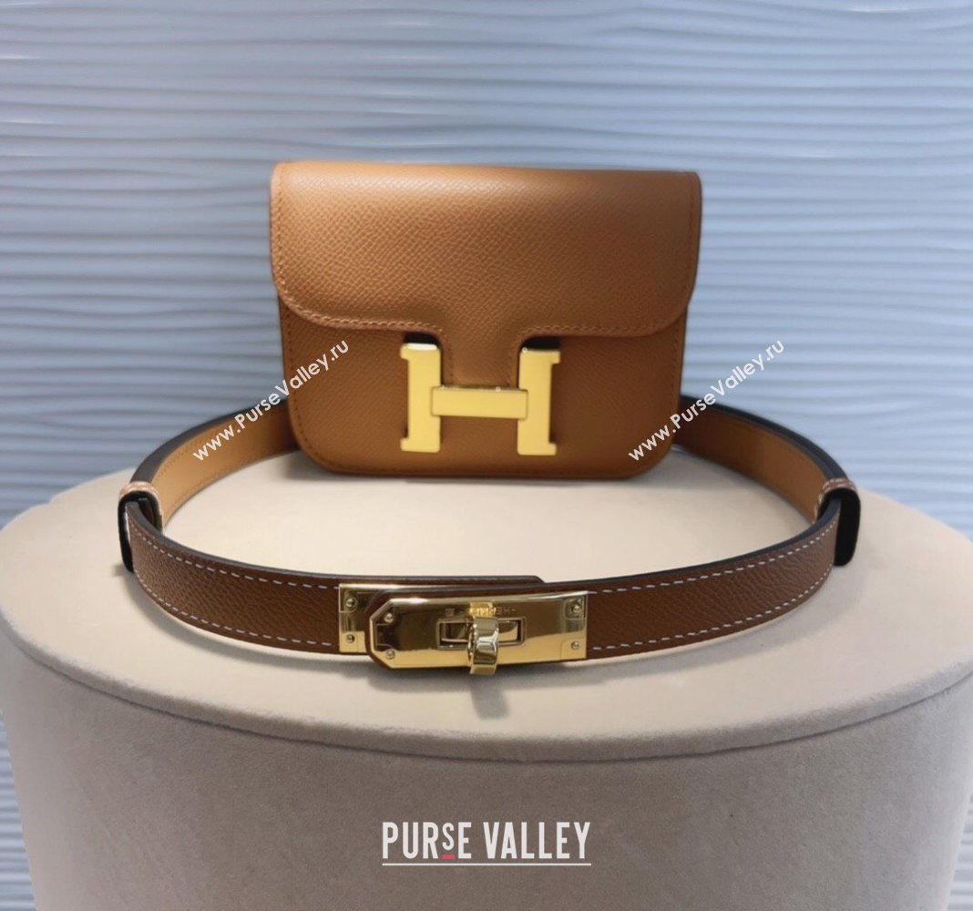 Hermes Kelly Buckle Pouch Belt in Grained Calfskin with Gold Hardware Brown 2024 0706 (99-240706027)