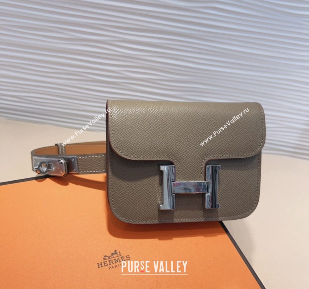 Hermes Kelly Buckle Slim Pouch Belt in Grained Calfskin with Silver Hardware Grey 2024 0706 (99-240706028)