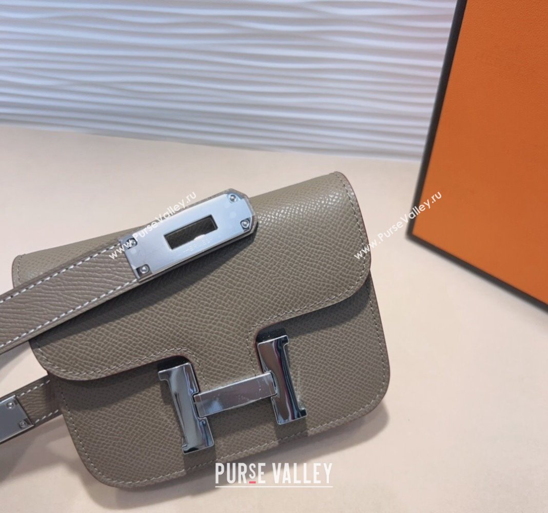 Hermes Kelly Buckle Slim Pouch Belt in Grained Calfskin with Silver Hardware Grey 2024 0706 (99-240706028)