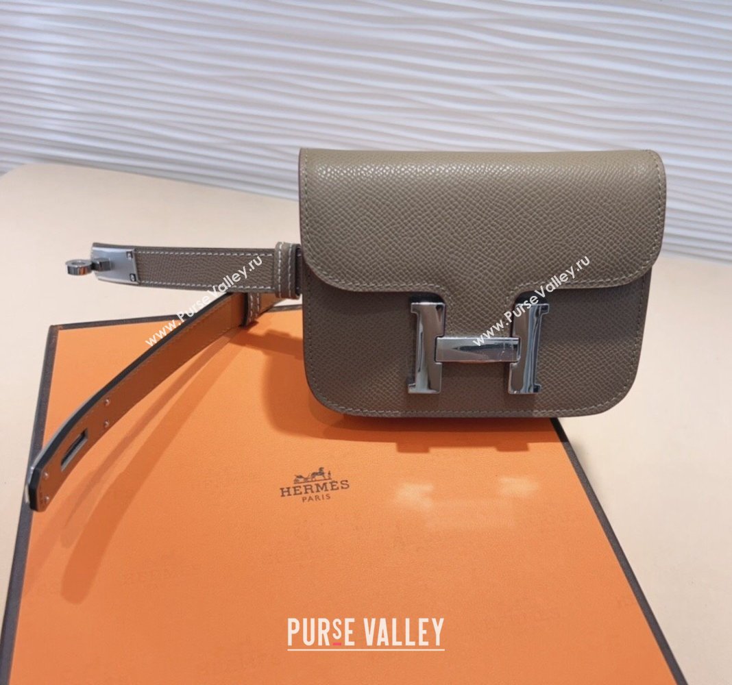 Hermes Kelly Buckle Slim Pouch Belt in Grained Calfskin with Silver Hardware Grey 2024 0706 (99-240706028)